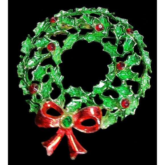 Set Of 4 Christmas Brooches: (1 Merksamer) Wreath & Candy Cane Enamel, Vintage - Picture 9 of 11